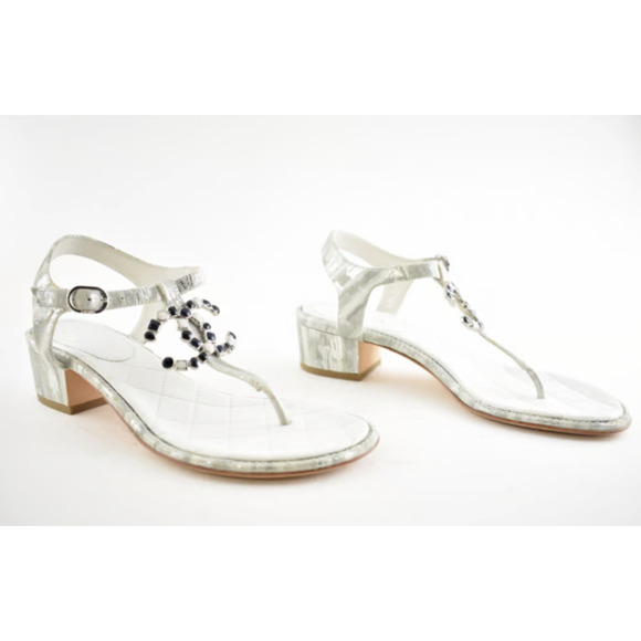 Chanel 20P White Silver CC Logo Mule Strap Thong Sandal Block Heel Flat 36.5c - Picture 10 of 12